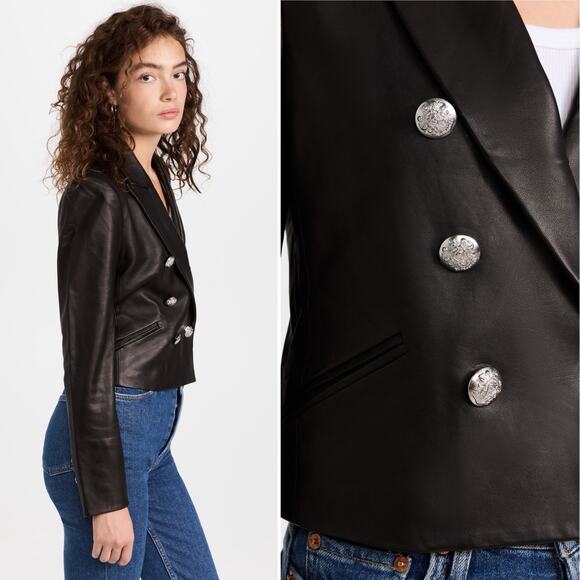 Veronica Beard Nevis Lamb Leather Blazer Jacket Cropped Black Silver Size 10 - Picture 2 of 10